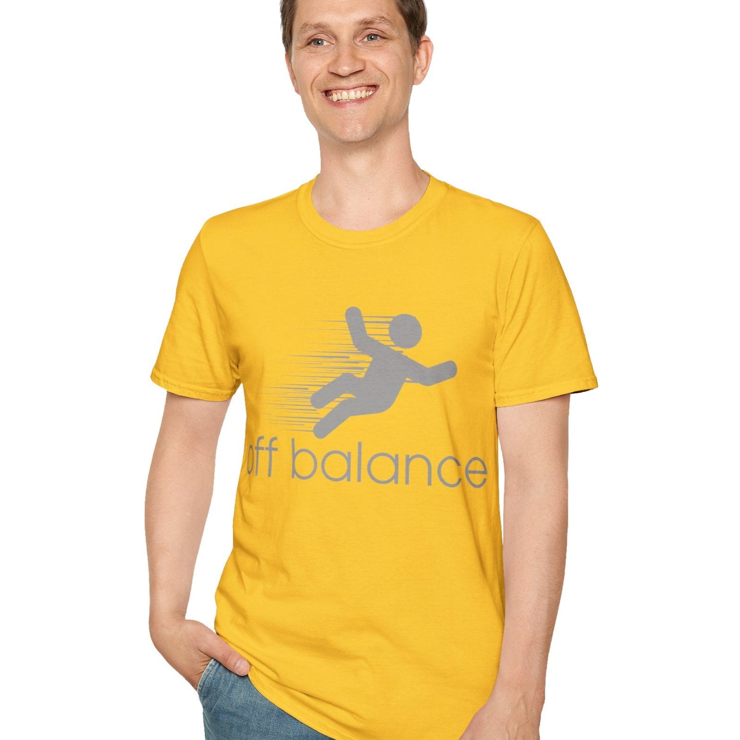 “Off Balance” Parody T-Shirt – Funny New Balance Spoof Tee | Falling Figure Graphic Humor Shirt