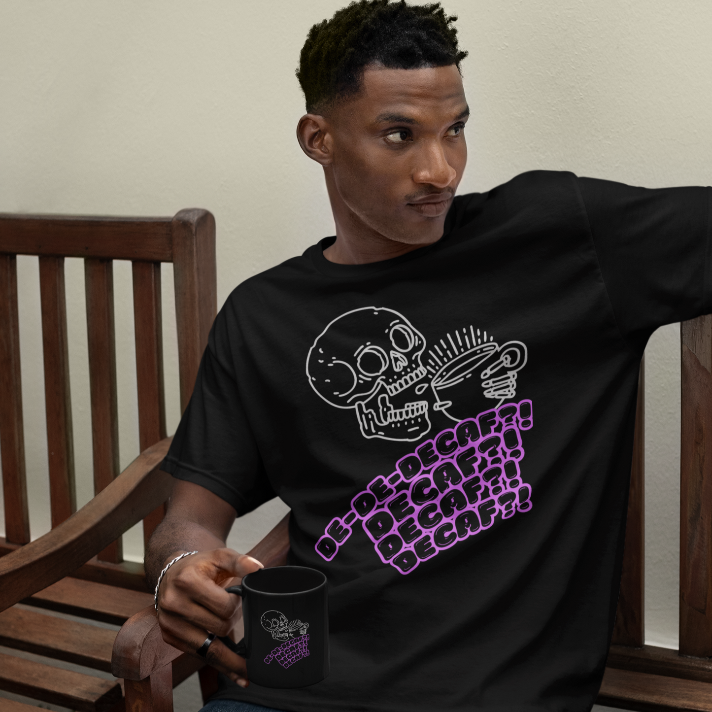 "DECAF? DECAF?? DECAFFFF???" Anti-Decaf Coffee T-Shirt – Because Weak Coffee is for the Dead