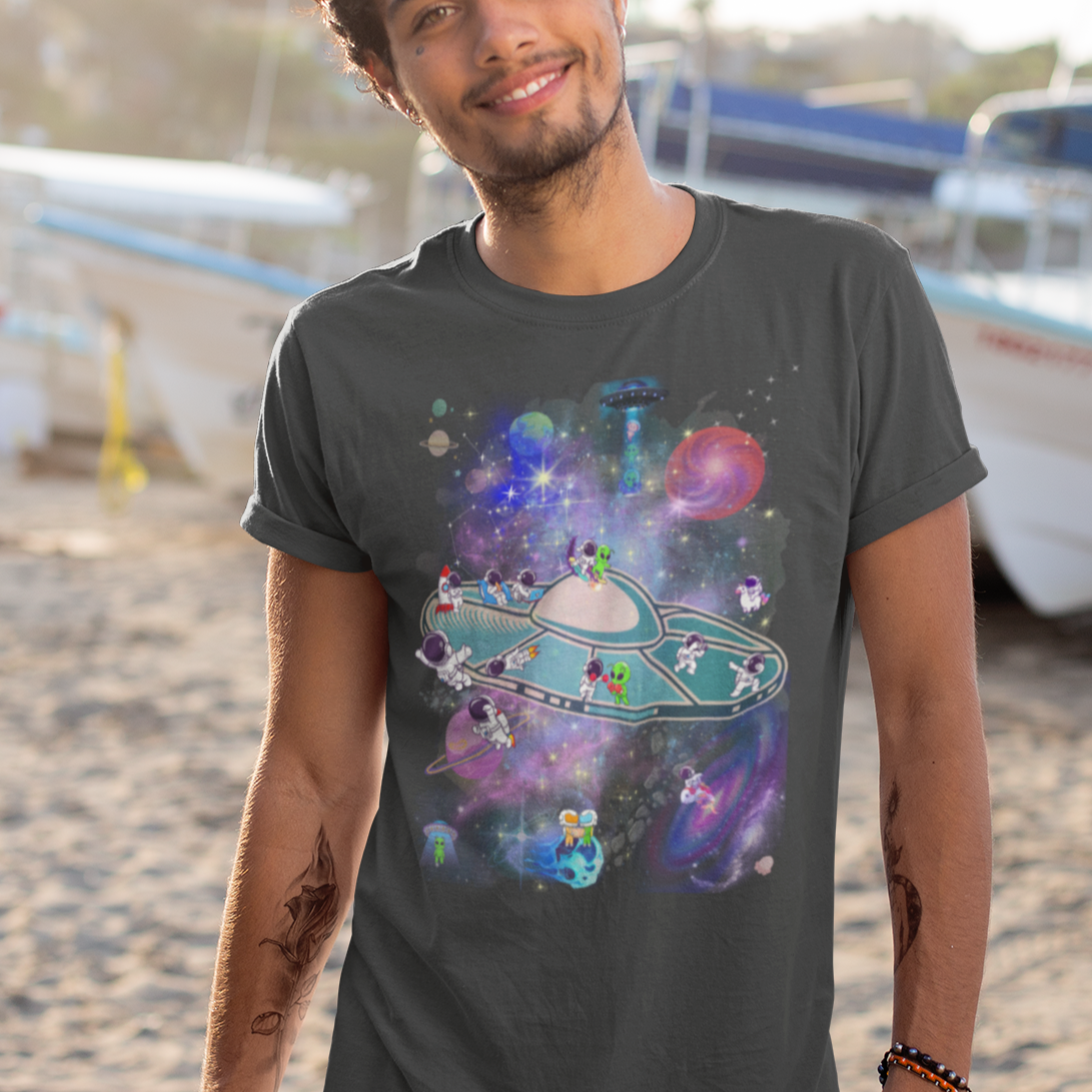 "Space Party" Intergalactic T-Shirt - Whimsical UFO & Astronaut Adventure Tee