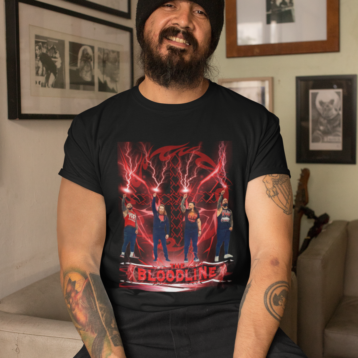 The Bloodline Sky Strike T-Shirt – Roman Reigns, Usos & Sami Zayn Fan Tee | Tribal Red Lightning Design