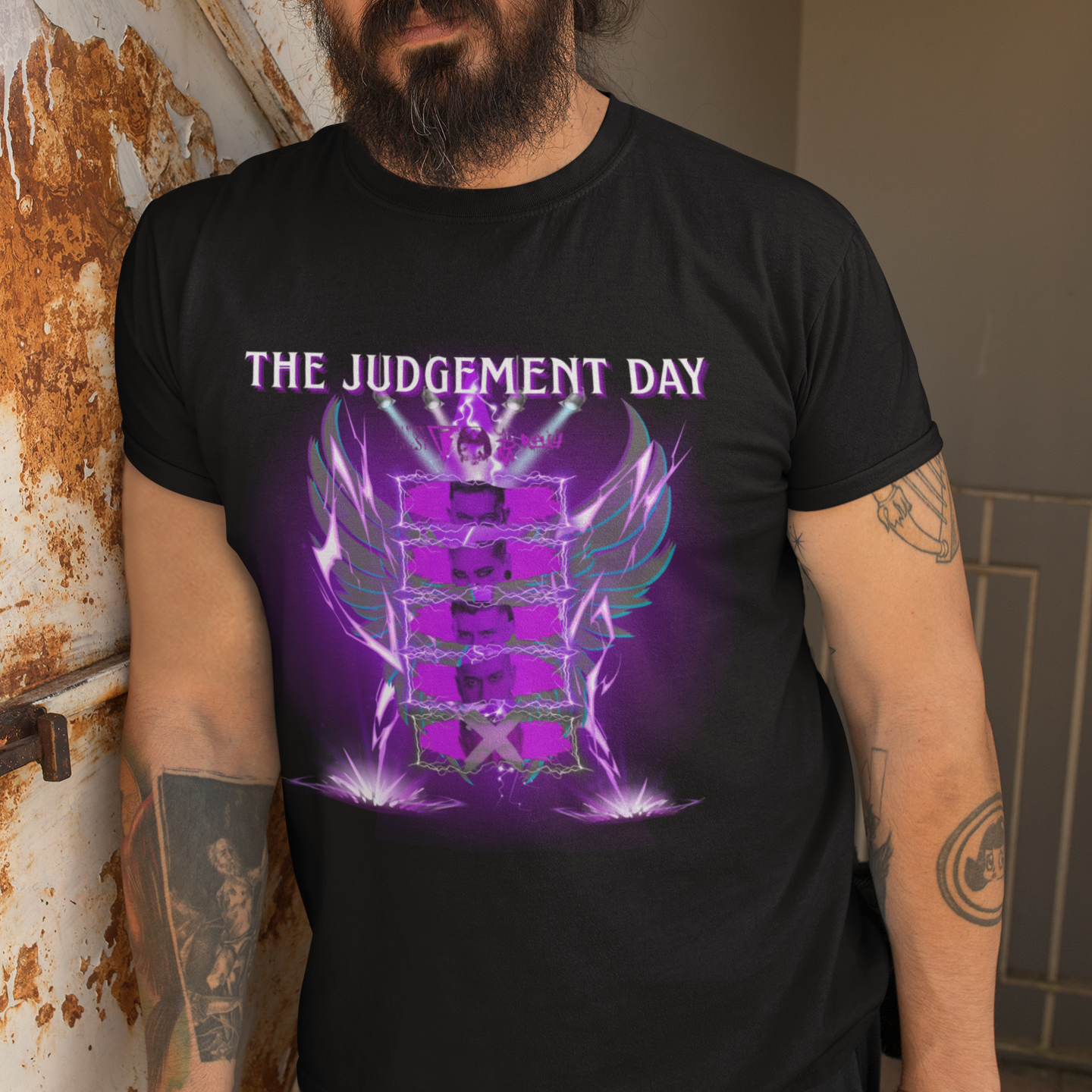 The Judgment Day Tribute T-Shirt "No More Edge" – Lightning Design Featuring Balor, Ripley, Mysterio, & Priest