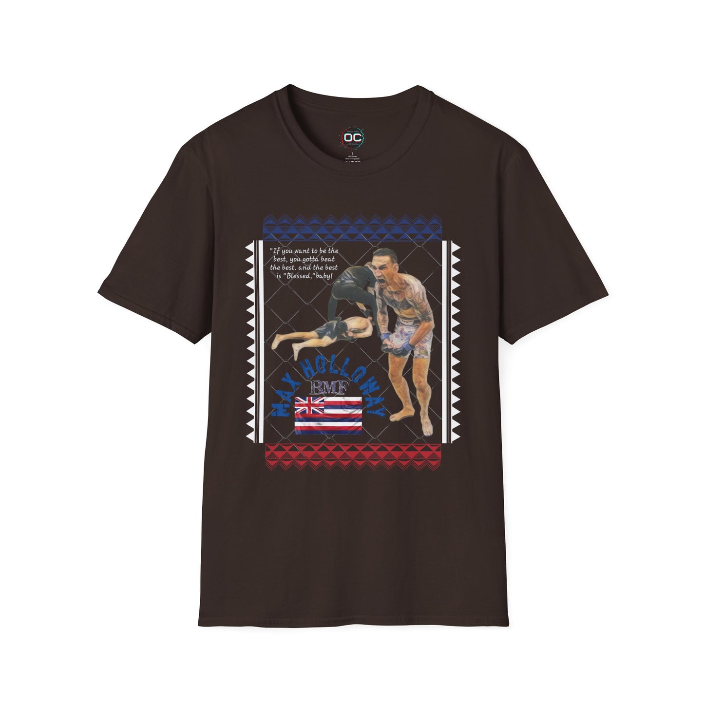 Max Holloway GOAT KO Tribute T-Shirt – “Blessed” Quote & Hawaiian Flag Design | MMA Fan Tee