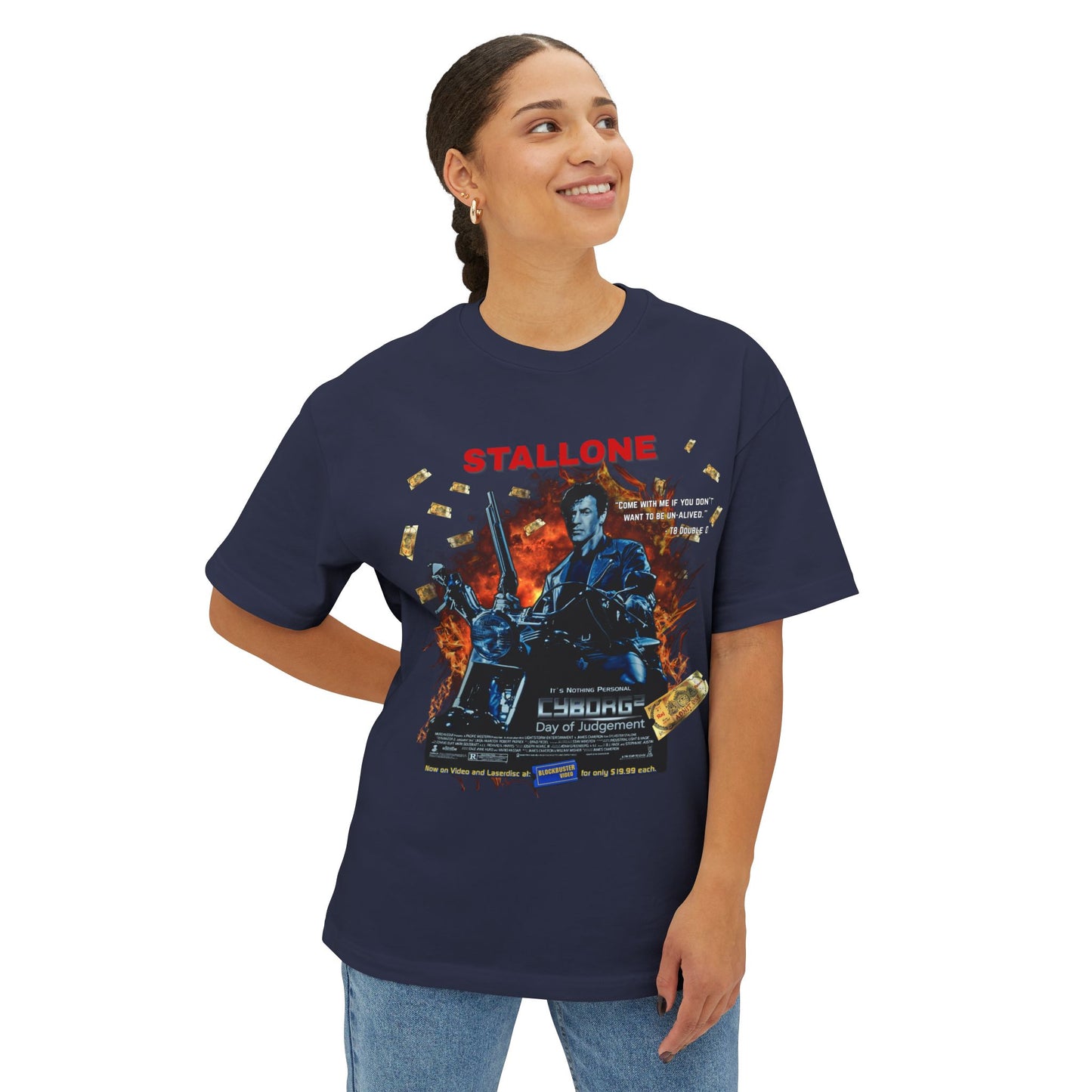 Boxy Oversized Action Movie Hero Tee – “Cyborg 2: Day of Judgement” Spoof Parody T-Shirt
