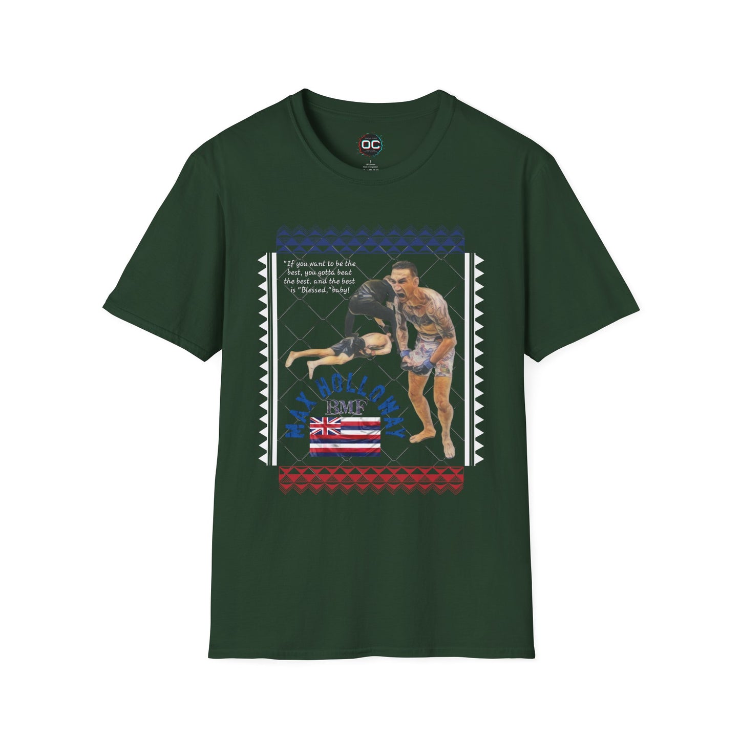 Max Holloway GOAT KO Tribute T-Shirt – “Blessed” Quote & Hawaiian Flag Design | MMA Fan Tee