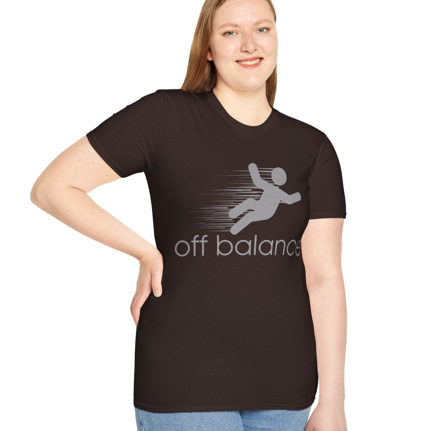 “Off Balance” Parody T-Shirt – Funny New Balance Spoof Tee | Falling Figure Graphic Humor Shirt
