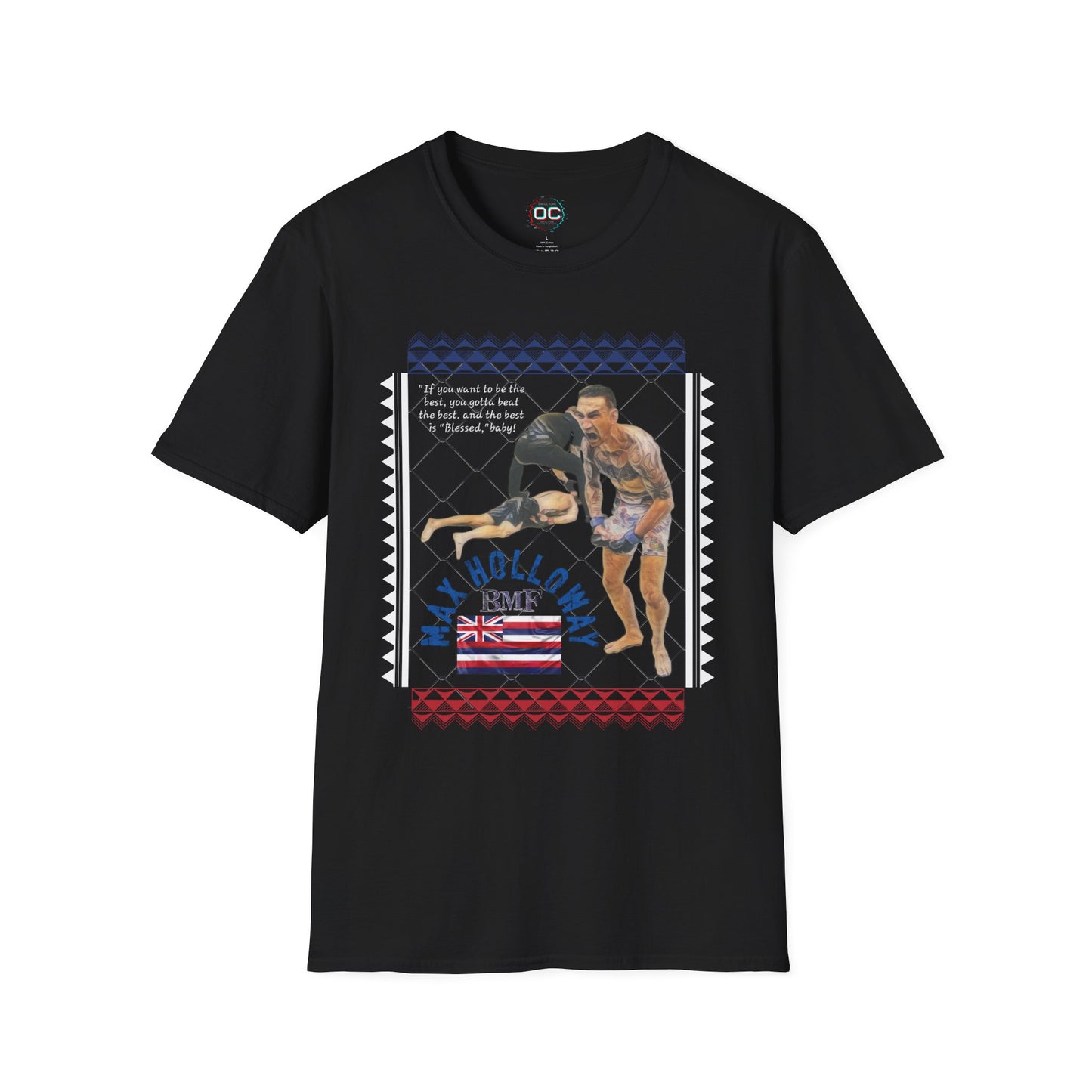 Max Holloway GOAT KO Tribute T-Shirt – “Blessed” Quote & Hawaiian Flag Design | MMA Fan Tee
