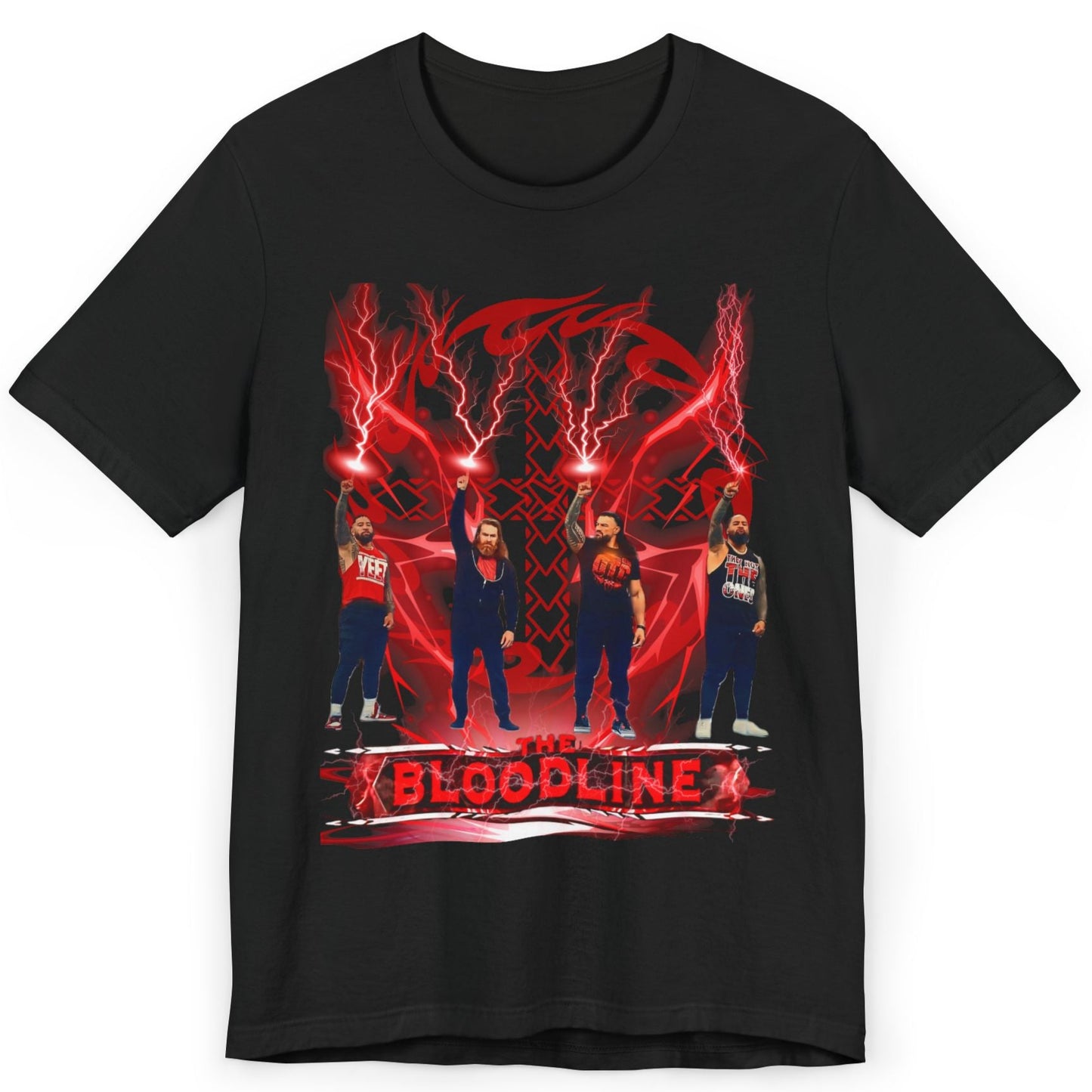 The Bloodline Sky Strike T-Shirt – Roman Reigns, Usos & Sami Zayn Fan Tee | Tribal Red Lightning Design