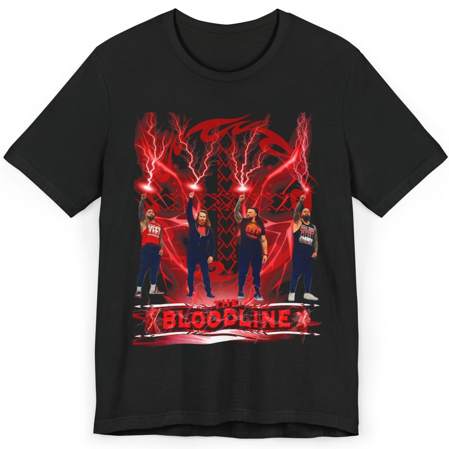 The Bloodline Sky Strike T-Shirt – Roman Reigns, Usos & Sami Zayn Fan Tee | Tribal Red Lightning Design