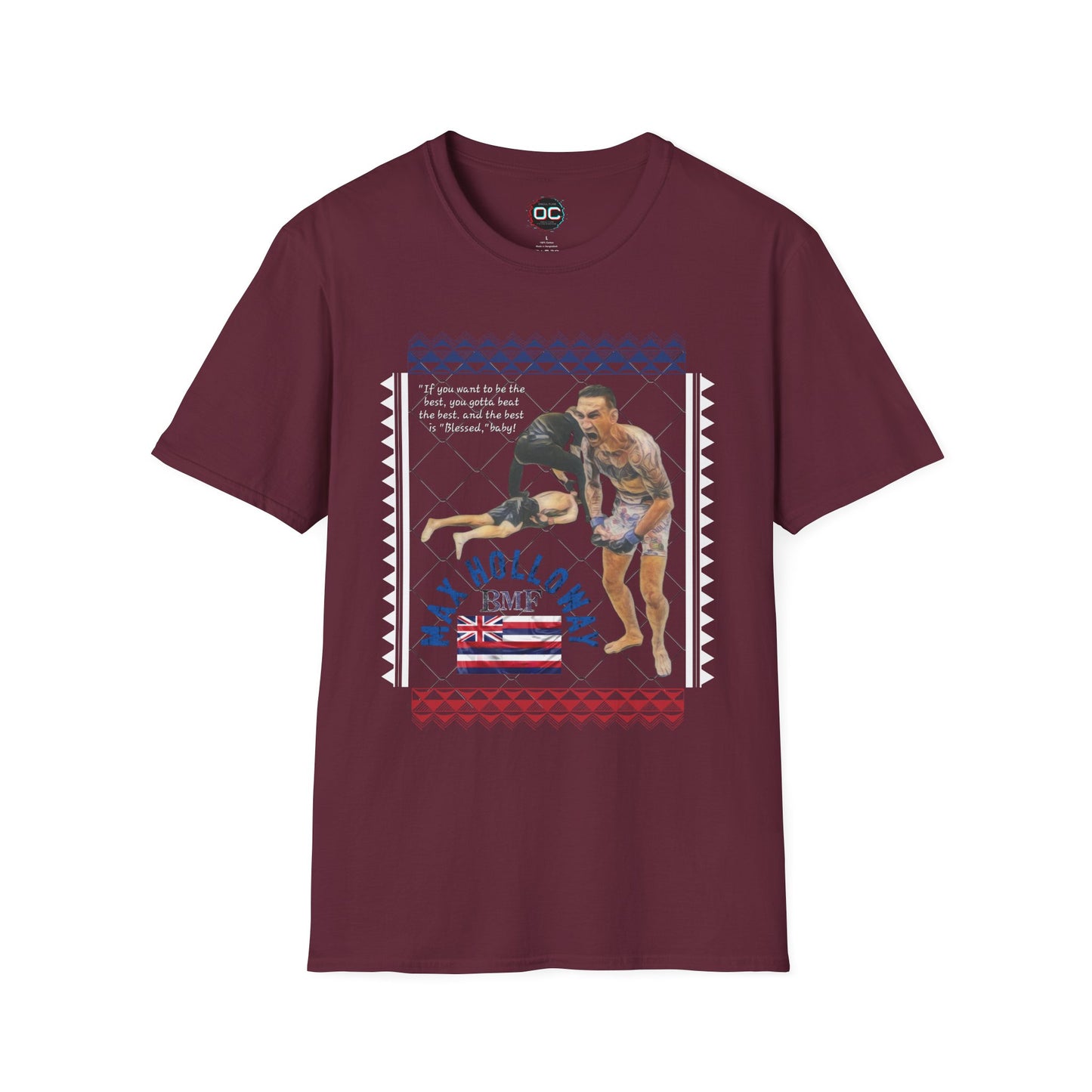 Max Holloway GOAT KO Tribute T-Shirt – “Blessed” Quote & Hawaiian Flag Design | MMA Fan Tee