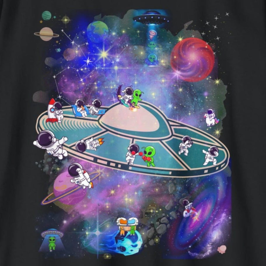 "Space Party" Intergalactic T-Shirt - Whimsical UFO & Astronaut Adventure Tee