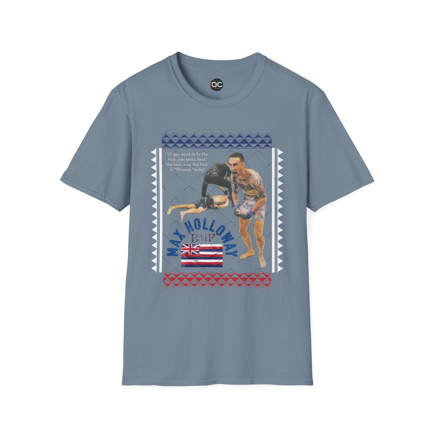 Max Holloway GOAT KO Tribute T-Shirt – “Blessed” Quote & Hawaiian Flag Design | MMA Fan Tee