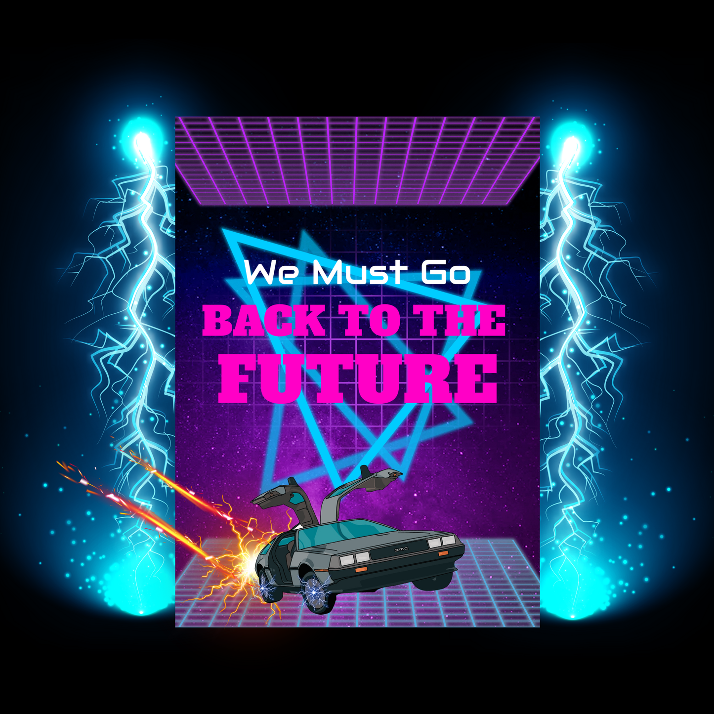 Back to the Future Homage Graphic T-Shirt with 80s Style Grid Design and the Delorean Time Machine