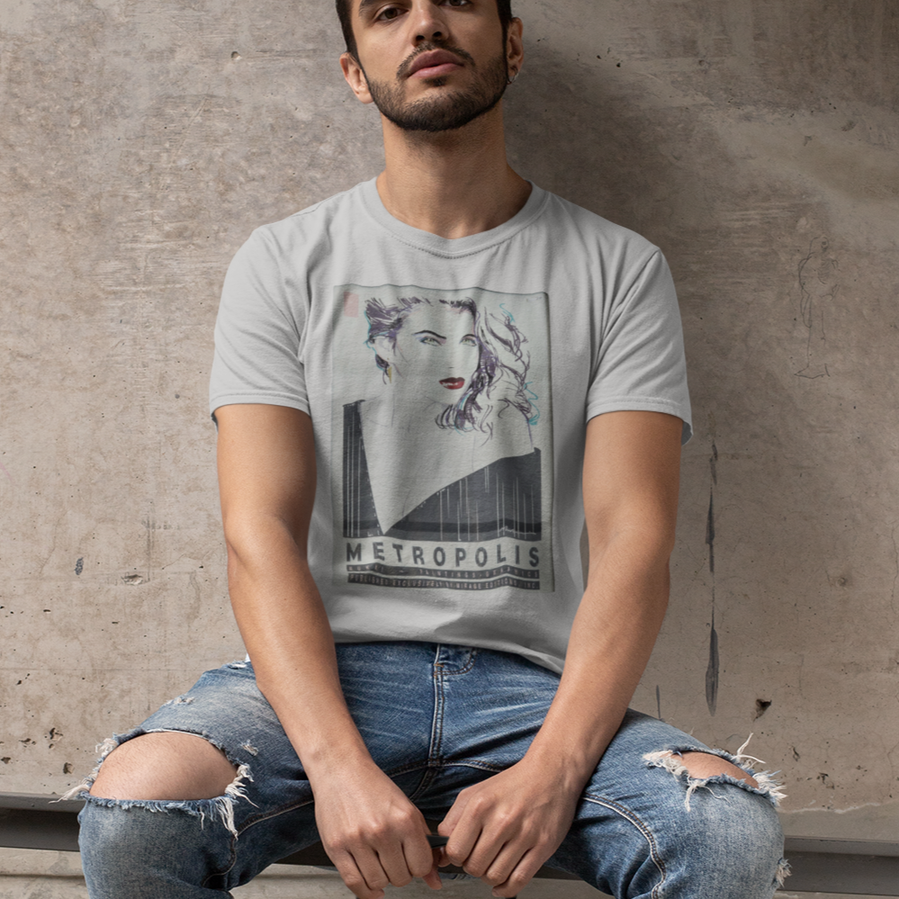 Vintage 80s Metropolis Poster T-Shirt – Retro Black Ink Woman Design | Off-Center Retro Tee