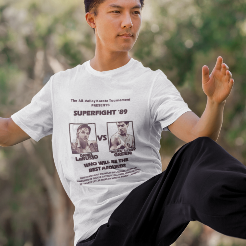 LaRusso vs. Leroy Fight Poster T-Shirt – 80s Movie Mash-Up Tee | Karate Kid Meets The Last Dragon