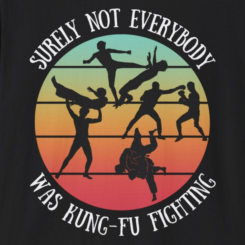 Surely Not Everybody Was Kung-Fu Fighting, T-Shirt - Retro Sunset Tee for fans of Funny Shirts, Friends Gift, Music, Puns, Joke Gifts