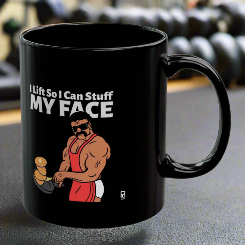 'I Lift So I can Stuff Me Face' - Novelty Mug - Funny 80s Muscle Man Cooking Pancakes, Gift for Friend Who Lift, Funny Gift. Gag