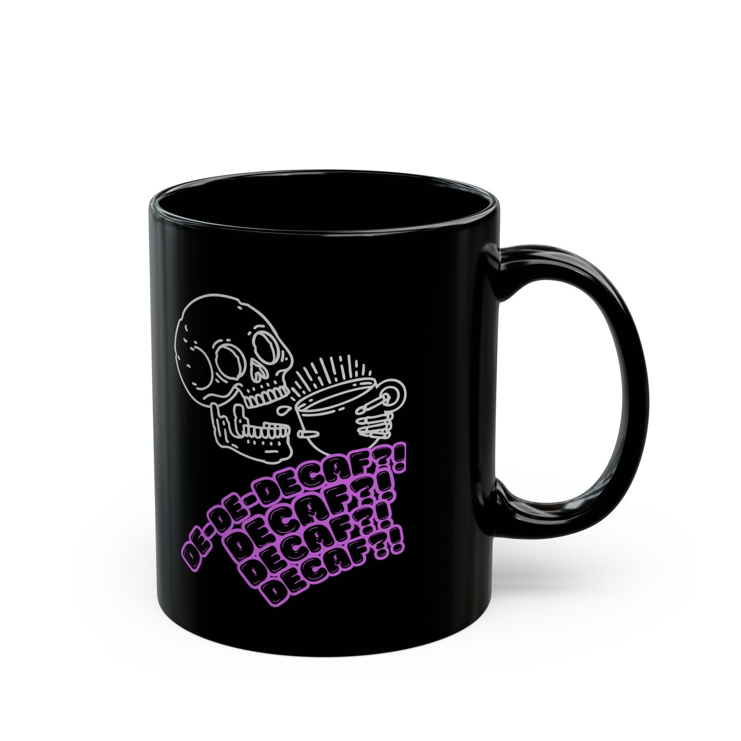 "Funny Skeleton Decaf Coffee Mug - 'Freaking Out Over Decaf' Design - Black Ceramic Mug for Coffee Lovers - Humorous Gift for Coffee Drinkers"