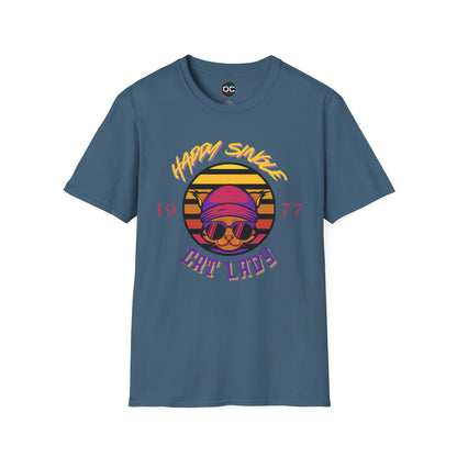 Retro "1977 Happy Single Cat Lady" Tee | Chill Vibe Graphic Shirt | Casual Vintage T-Shirt | For Cat Moms
