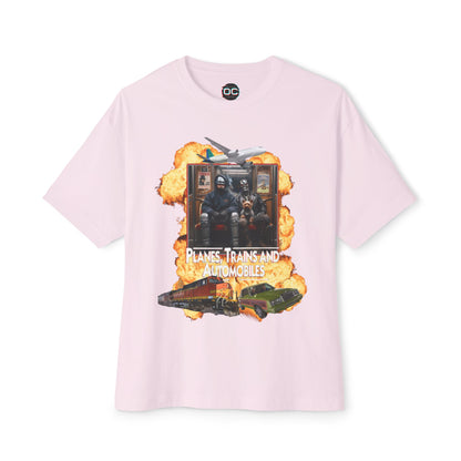 Oversized Boxy Planes, Trains, & Automobiles, and Cyborgs Tee – 80s Movies Mashup T-Shirt