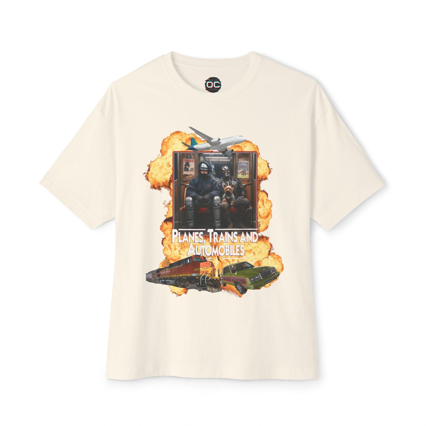 Oversized Boxy Planes, Trains, & Automobiles, and Cyborgs Tee – 80s Movies Mashup T-Shirt