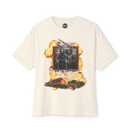 Oversized Boxy Planes, Trains, & Automobiles, and Cyborgs Tee – 80s Movies Mashup T-Shirt