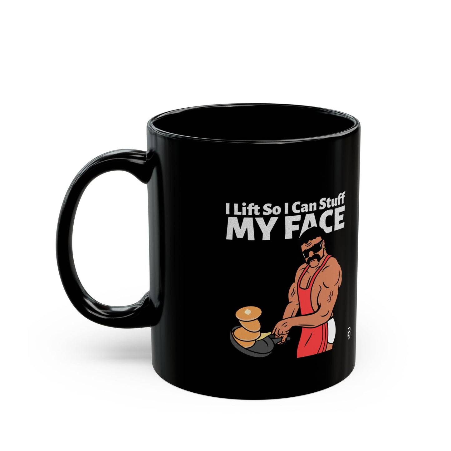 'I Lift So I can Stuff Me Face' - Novelty Mug - Funny 80s Muscle Man Cooking Pancakes, Gift for Friend Who Lift, Funny Gift. Gag