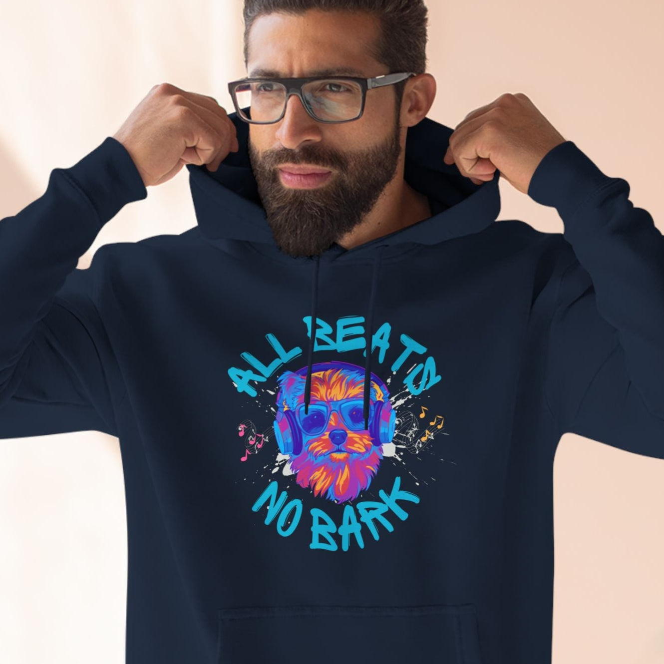 "All Beats No Bark" Terrier Vibes Dog Fleece Hoodie, Cute Cartoon Dog with Music Headphones, Fun Music Lover Apparel, Colorful Terrier Sweatshirt