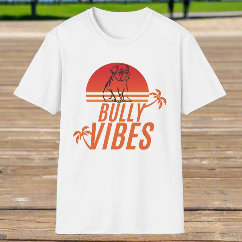 English Bulldog Vibes Retro Sunset Unisex Softstyle T-Shirt, Beach Summer Vibes Tee, Dog Lover Gift, Vintage Graphic Shirt, Animal Print Top