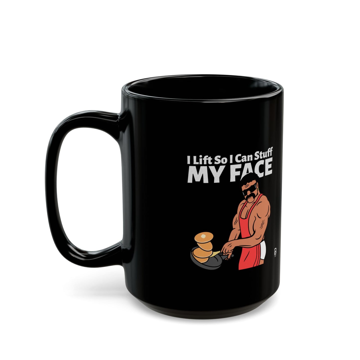 'I Lift So I can Stuff Me Face' - Novelty Mug - Funny 80s Muscle Man Cooking Pancakes, Gift for Friend Who Lift, Funny Gift. Gag