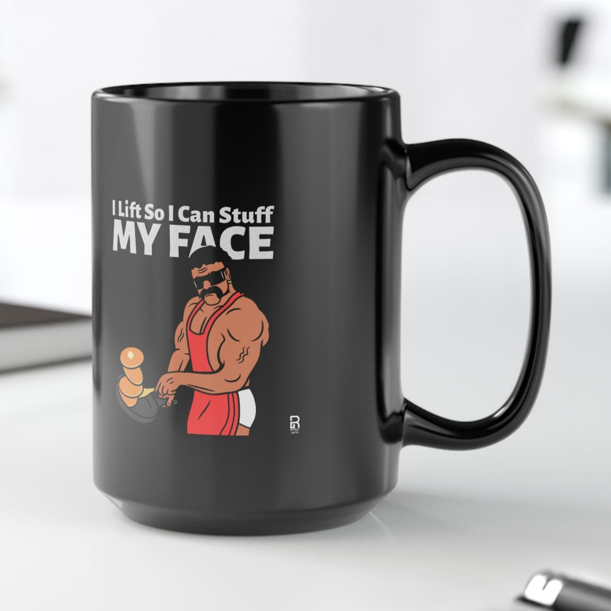 'I Lift So I can Stuff Me Face' - Novelty Mug - Funny 80s Muscle Man Cooking Pancakes, Gift for Friend Who Lift, Funny Gift. Gag