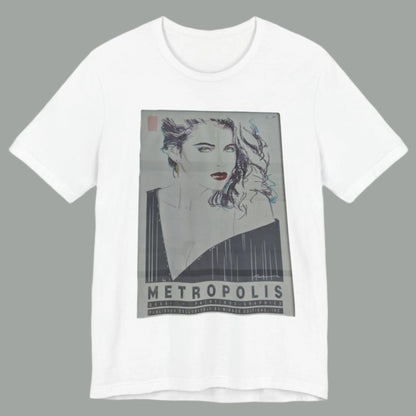 Vintage 80s Metropolis Poster T-Shirt – Retro Black Ink Woman Design | Off-Center Retro Tee