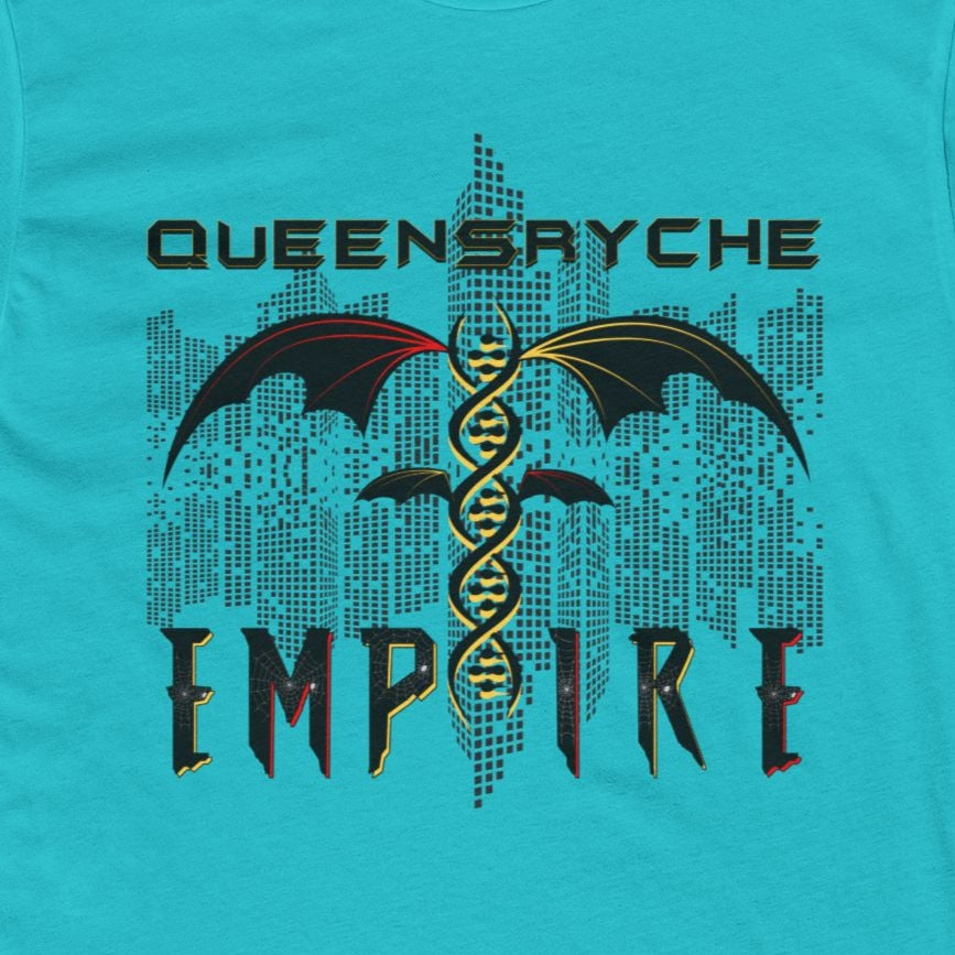 Queensrÿche Empire T-Shirt - 80s Power Metal Band Logo with DNA & Bat Wings - Bold Black & Yellow Design - Band Merch for Fans