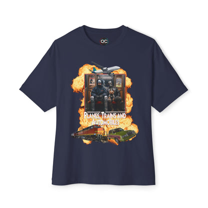 Oversized Boxy Planes, Trains, & Automobiles, and Cyborgs Tee – 80s Movies Mashup T-Shirt