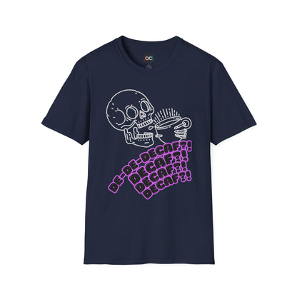 "DECAF? DECAF?? DECAFFFF???" Anti-Decaf Coffee T-Shirt – Because Weak Coffee is for the Dead