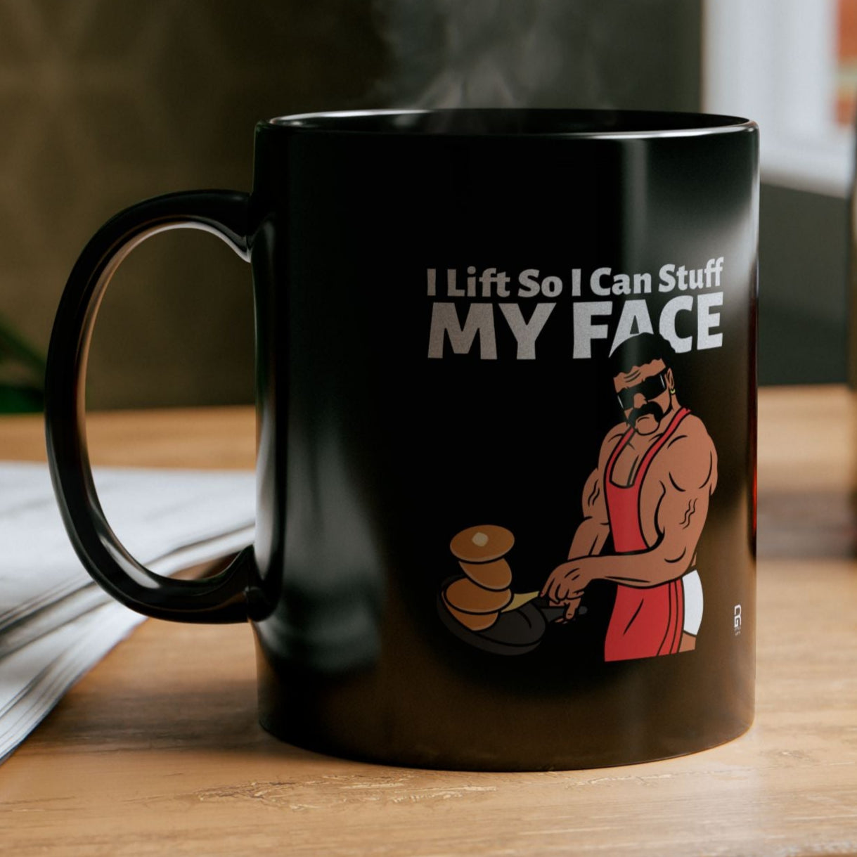 'I Lift So I can Stuff Me Face' - Novelty Mug - Funny 80s Muscle Man Cooking Pancakes, Gift for Friend Who Lift, Funny Gift. Gag