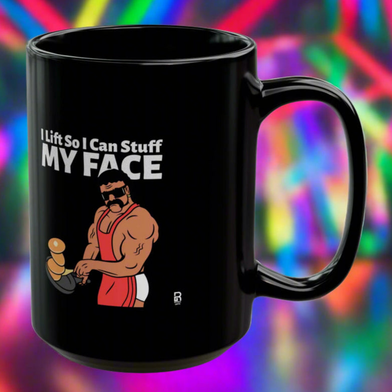 'I Lift So I can Stuff Me Face' - Novelty Mug - Funny 80s Muscle Man Cooking Pancakes, Gift for Friend Who Lift, Funny Gift. Gag