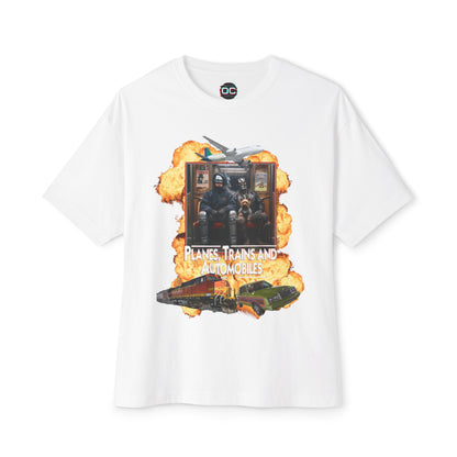 Oversized Boxy Planes, Trains, & Automobiles, and Cyborgs Tee – 80s Movies Mashup T-Shirt