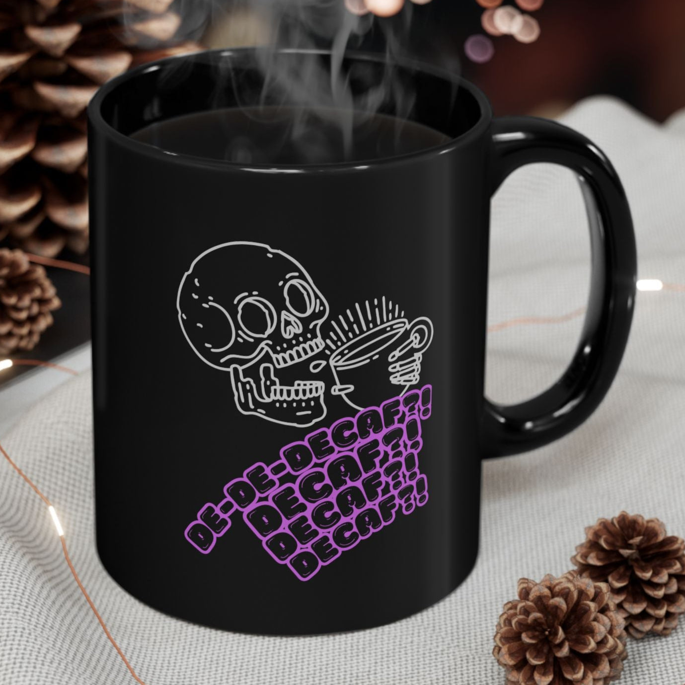 "Funny Skeleton Decaf Coffee Mug - 'Freaking Out Over Decaf' Design - Black Ceramic Mug for Coffee Lovers - Humorous Gift for Coffee Drinkers"