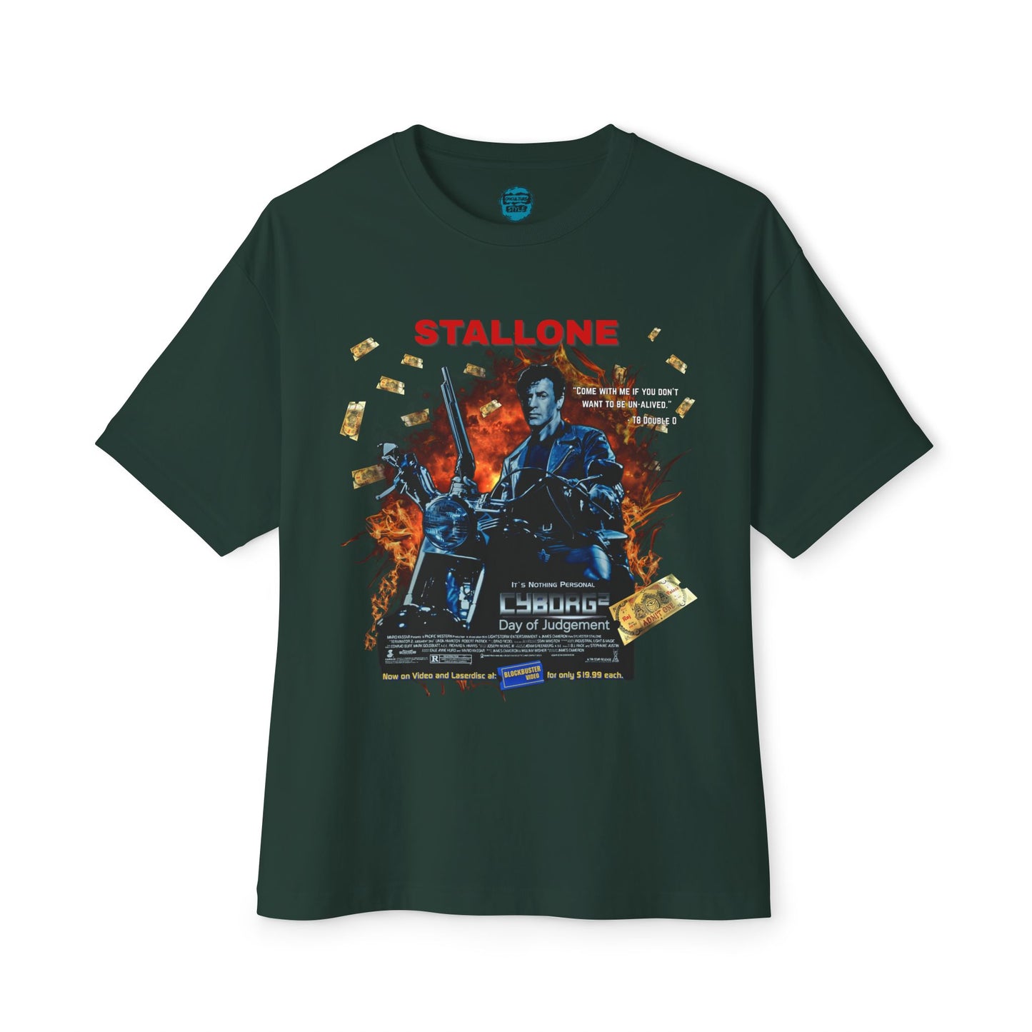 Boxy Oversized Action Movie Hero Tee – “Cyborg 2: Day of Judgement” Spoof Parody T-Shirt
