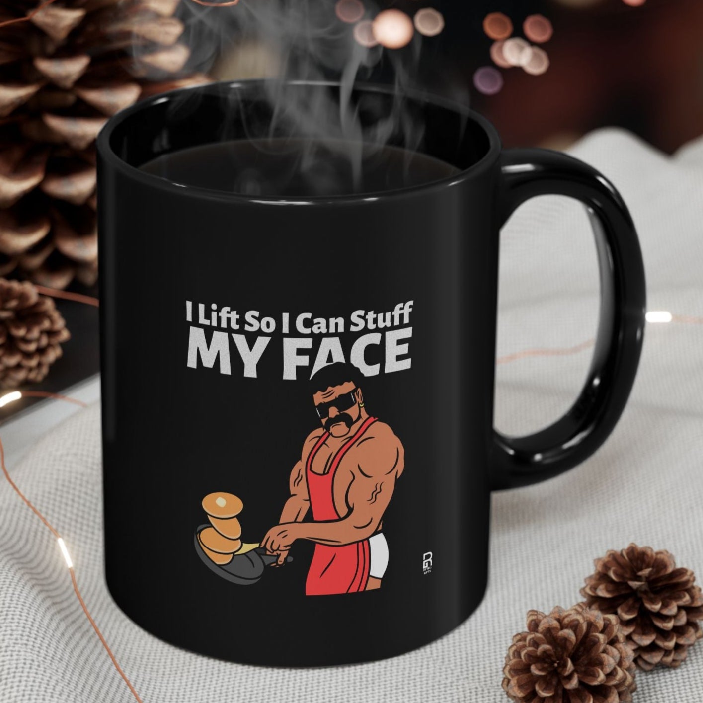 'I Lift So I can Stuff Me Face' - Novelty Mug - Funny 80s Muscle Man Cooking Pancakes, Gift for Friend Who Lift, Funny Gift. Gag