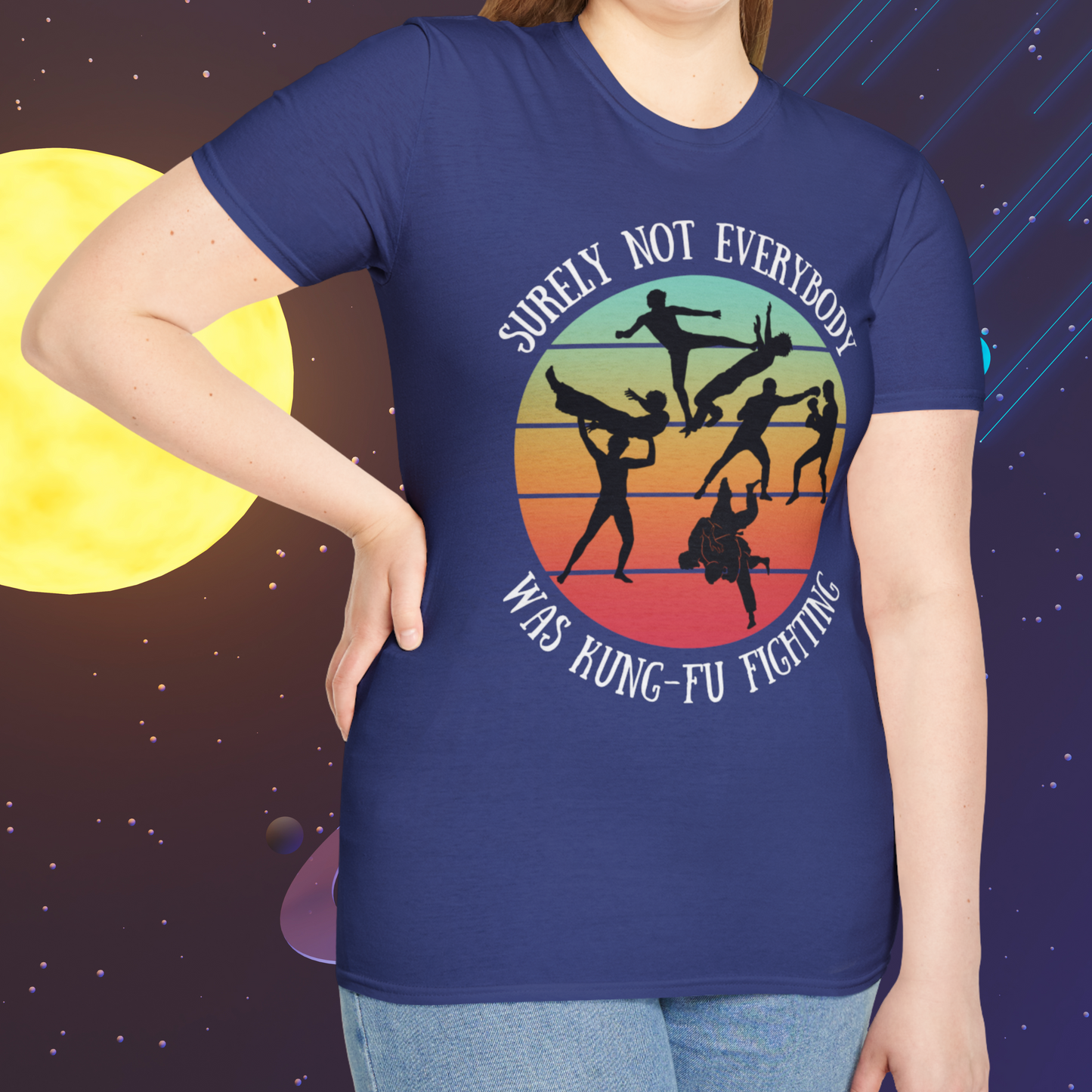 Surely Not Everybody Was Kung-Fu Fighting, T-Shirt - Retro Sunset Tee for fans of Funny Shirts, Friends Gift, Music, Puns, Joke Gifts