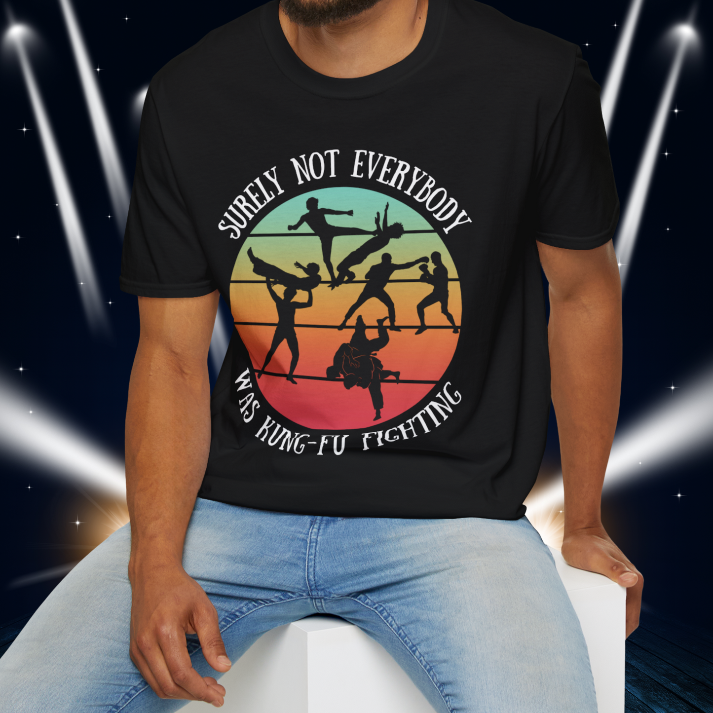 Surely Not Everybody Was Kung-Fu Fighting, T-Shirt - Retro Sunset Tee for fans of Funny Shirts, Friends Gift, Music, Puns, Joke Gifts