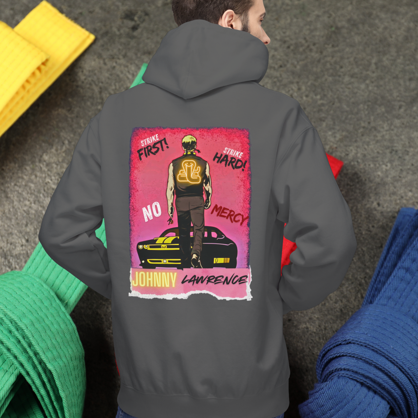 Double-Sided Johnny Lawrence Cobra Kai Hoodie - "Strike First, Strike Hard, No Mercy" Design