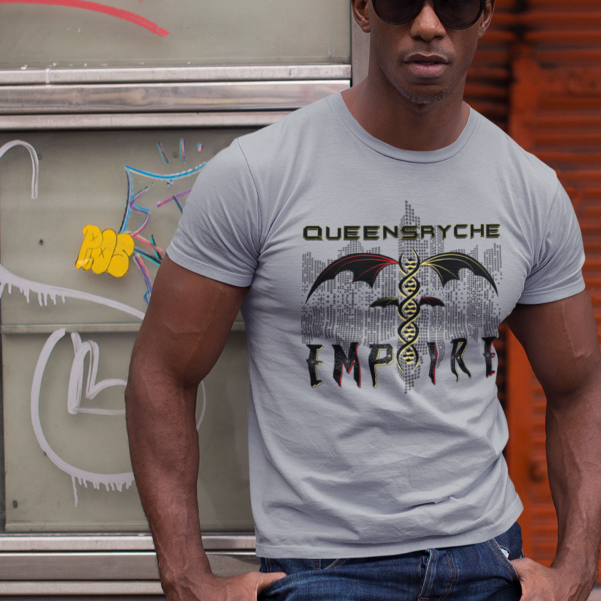 Queensrÿche Empire T-Shirt - 80s Power Metal Band Logo with DNA & Bat Wings - Bold Black & Yellow Design - Band Merch for Fans