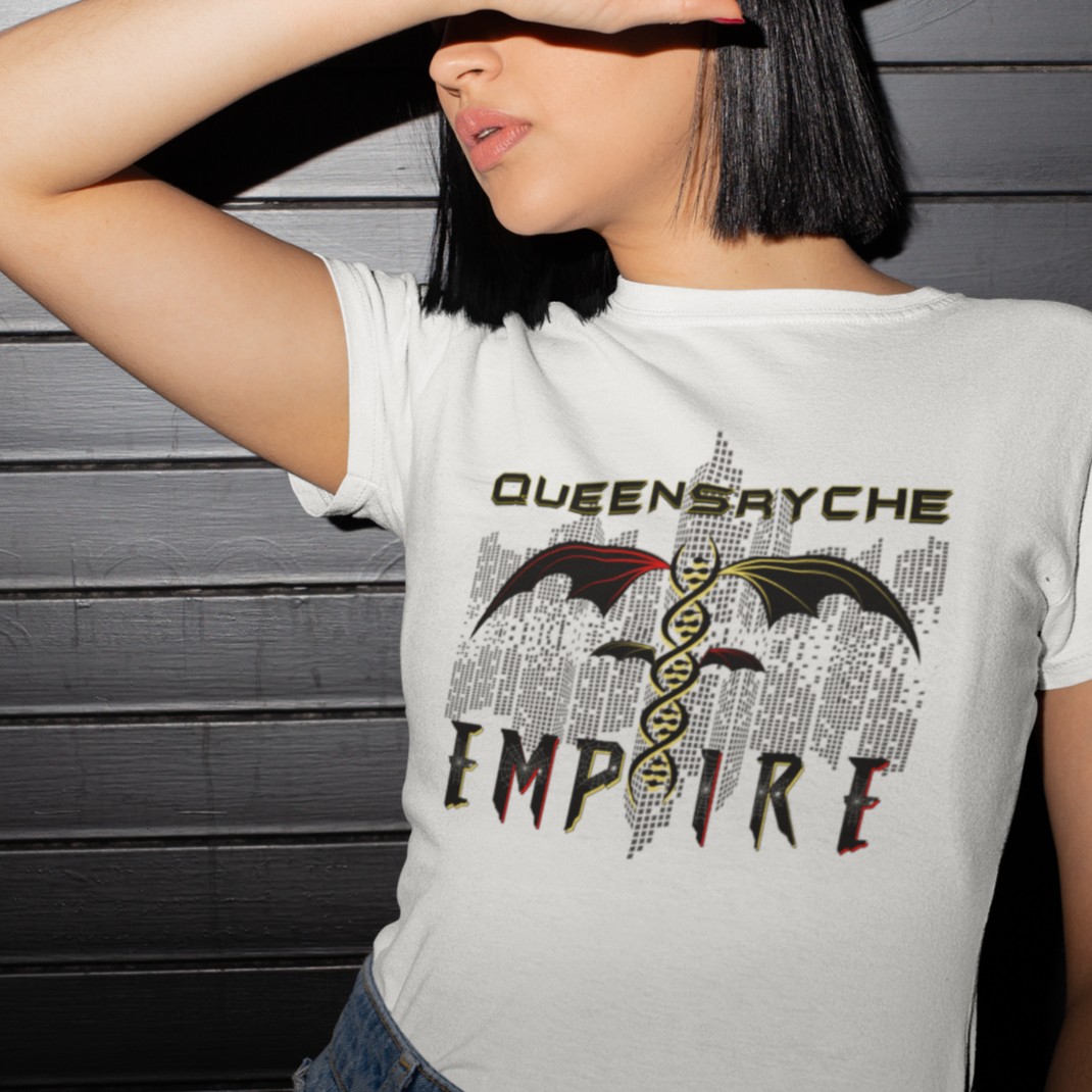 Queensrÿche Empire T-Shirt - 80s Power Metal Band Logo with DNA & Bat Wings - Bold Black & Yellow Design - Band Merch for Fans