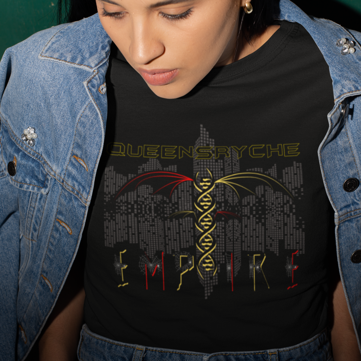 Queensrÿche Empire T-Shirt - 80s Power Metal Band Logo with DNA & Bat Wings - Bold Black & Yellow Design - Band Merch for Fans