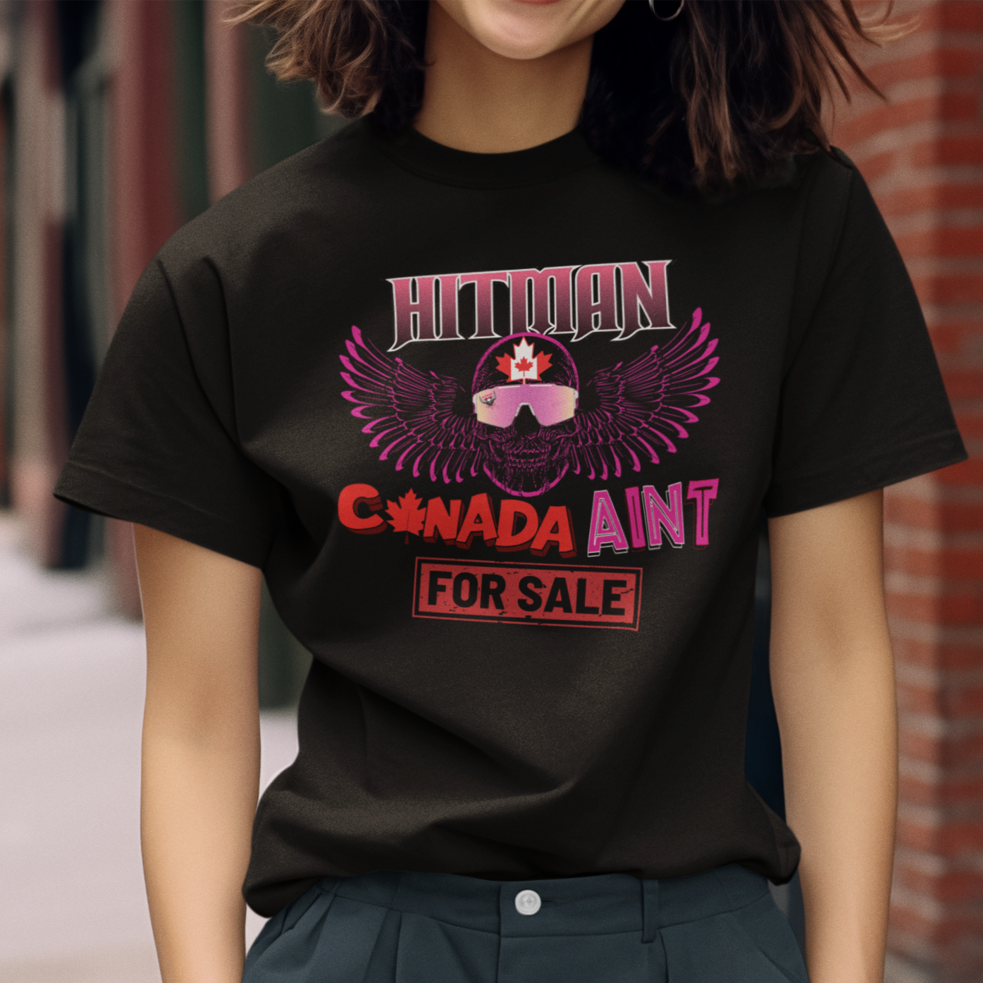 Bret 'Hitman' Hart Defending Canada - Canada Aint For Sale, Anti-Trump, Unisex Cotton Crew Tee, WWE Wrestling