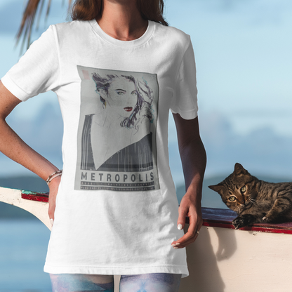 Vintage 80s Metropolis Poster T-Shirt – Retro Black Ink Woman Design | Off-Center Retro Tee