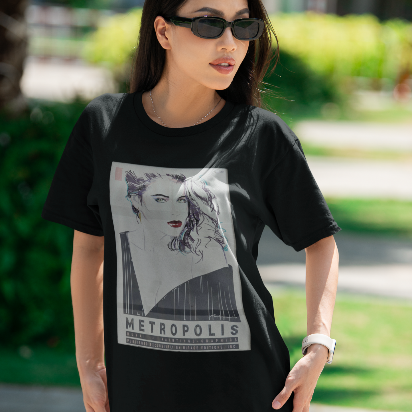 Vintage 80s Metropolis Poster T-Shirt – Retro Black Ink Woman Design | Off-Center Retro Tee