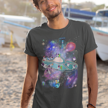 "Space Party" Intergalactic T-Shirt - Whimsical UFO & Astronaut Adventure Tee